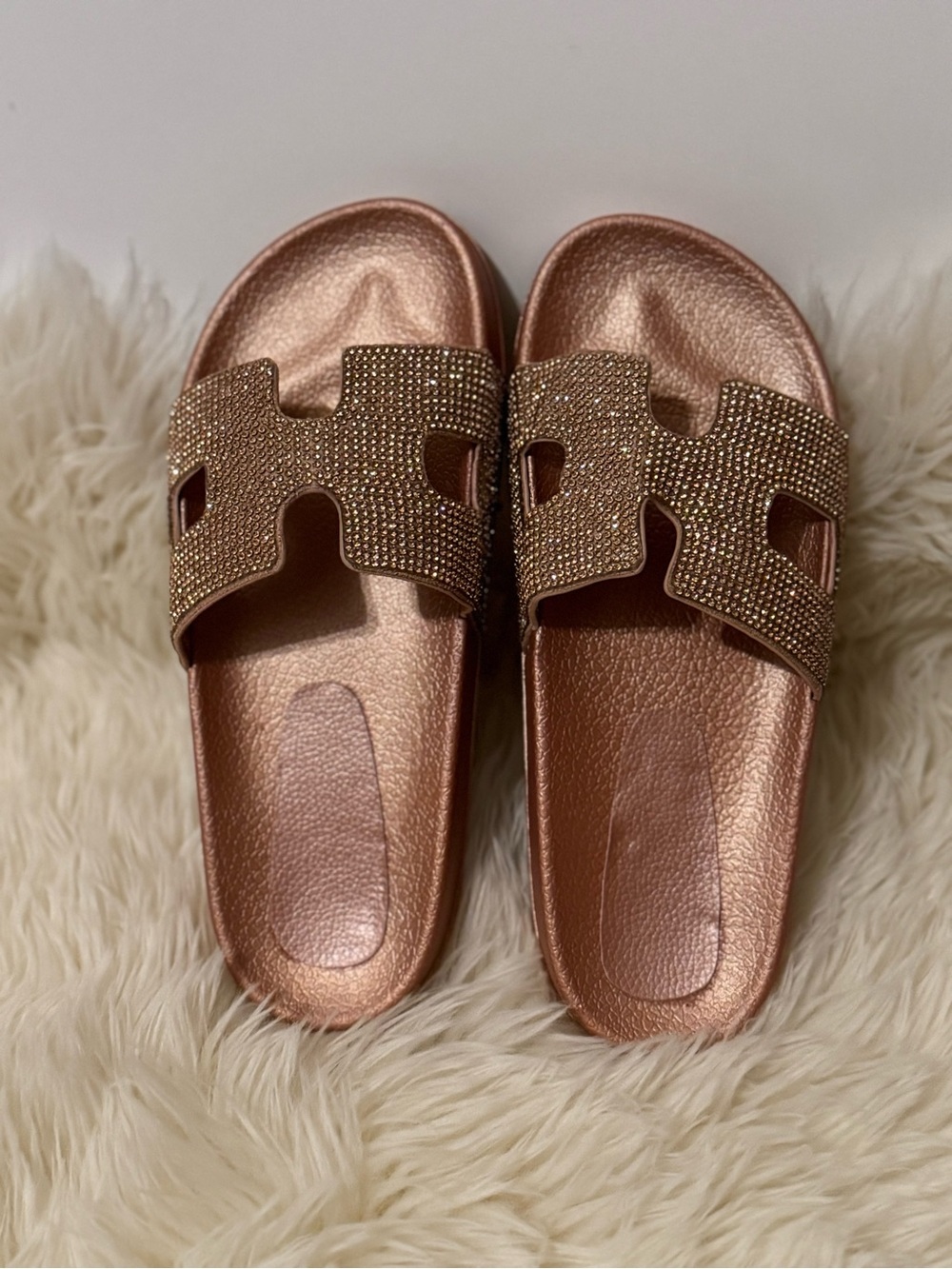 Women's Rose Gold Crystal Slide Sandals - Stylish Slip-On Comfort